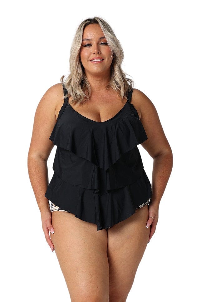 Model wearing black 3 tier tankini top