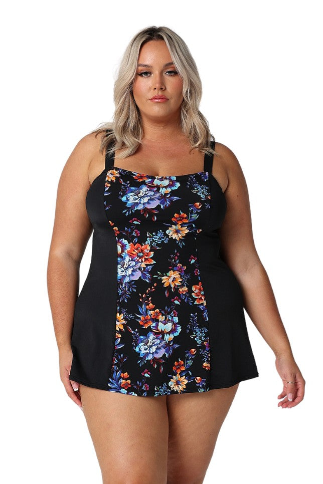 Model wearing black floral womens swim dress