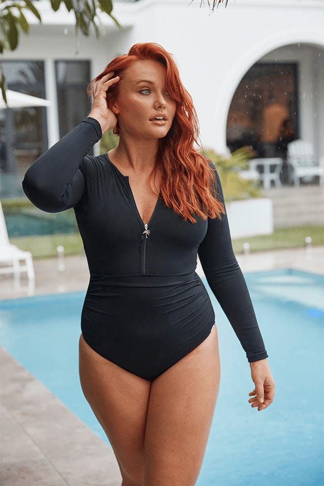 Cut Out One Piece Swimsuit High Neck Long Sleeve Bathing Suit - Blue / S