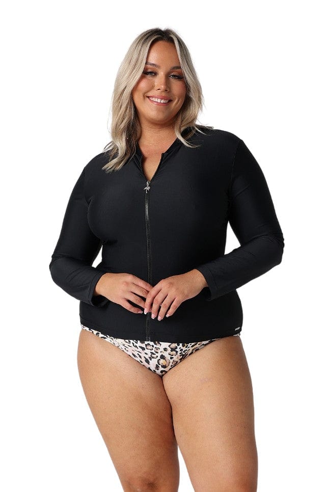 Model wearing black long sleeve rash vest