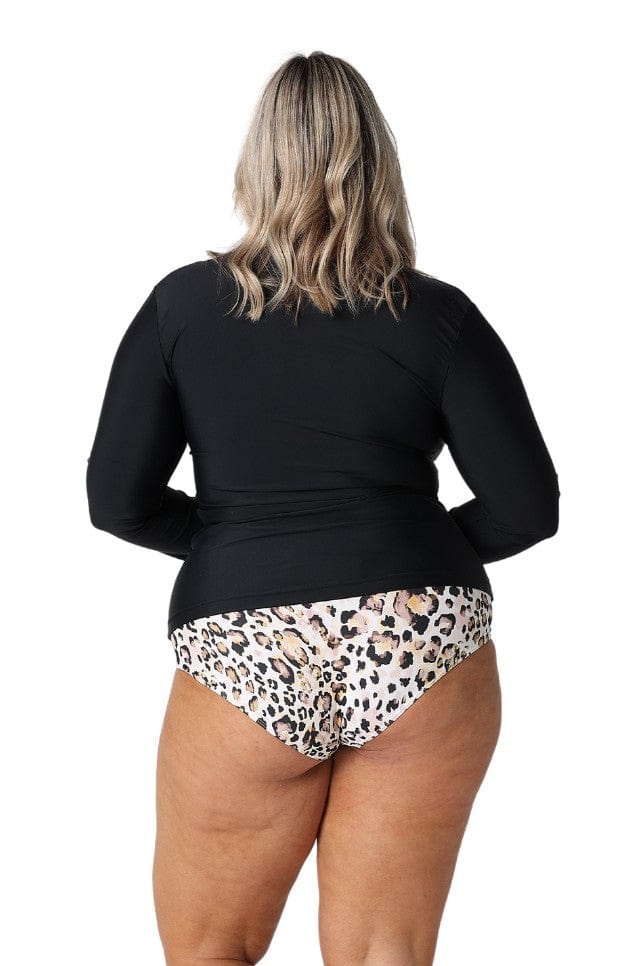 Model showing back of black long sleeve rash vest