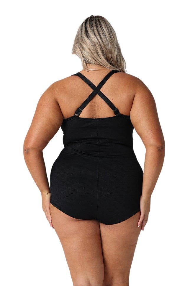 Model showing back of black retro womens one piece