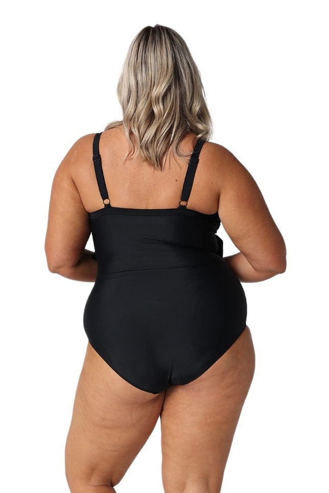 Model showing back of black 3 tier one piece