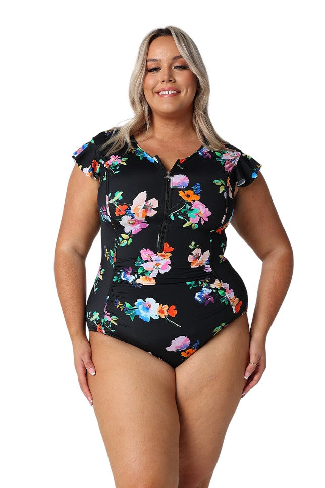 Model showing black floral zip front one piece