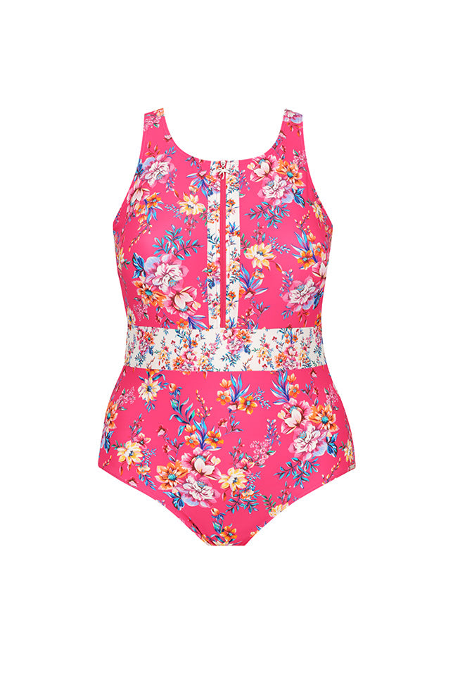 Ghost mannequin sleeveless zip front pink floral one piece