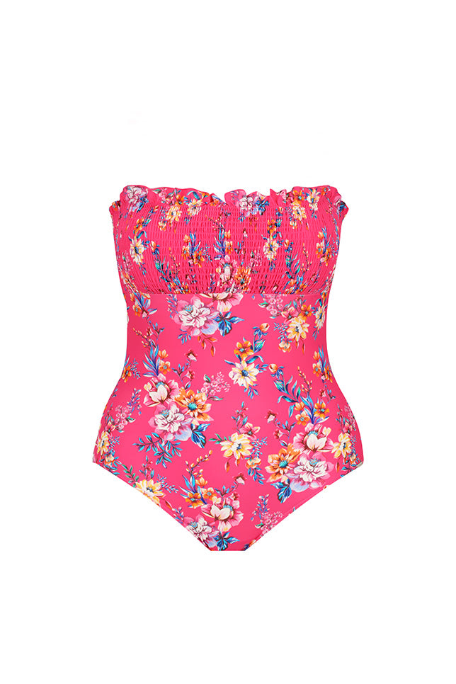 Ghost mannequin pink floral shirred bandeau one piece