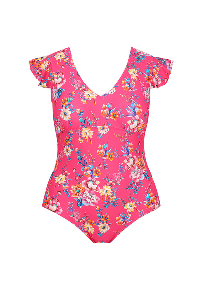 Ghost mannequin hot pink floral v neck with frill sleeves one piece