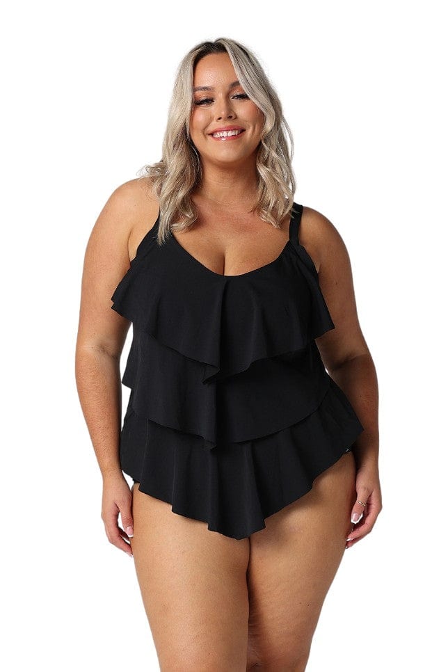 Model wearing chlorine resistant black 3 tier tankini