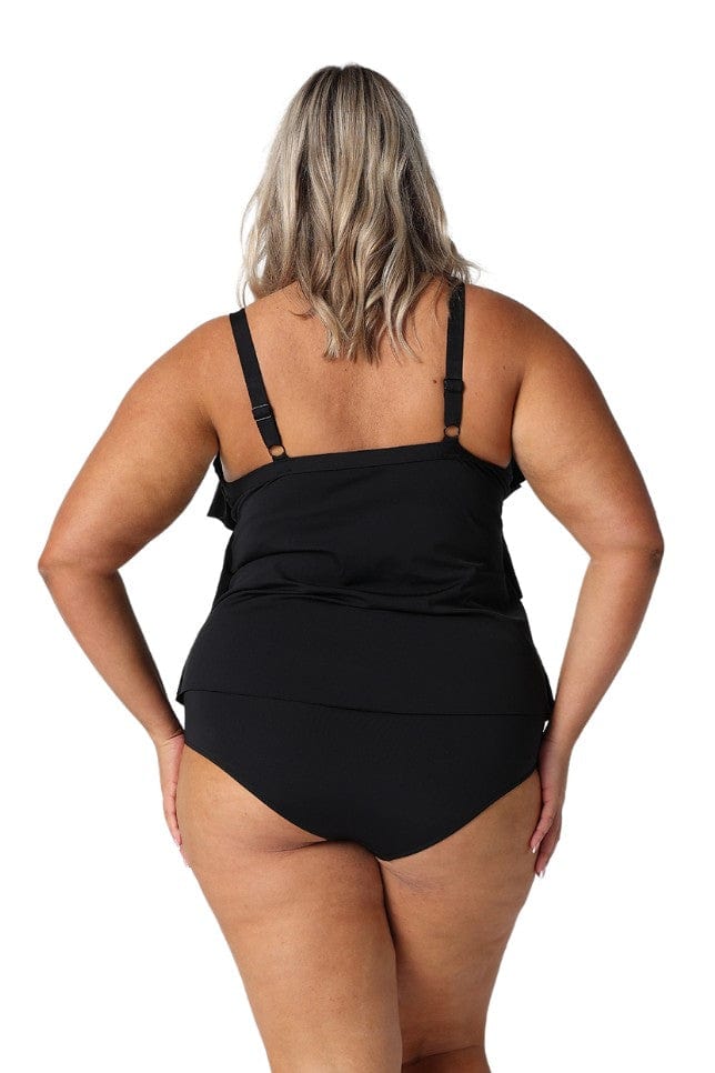 Model showing back of chlorine resistant black 3 tier tankini top