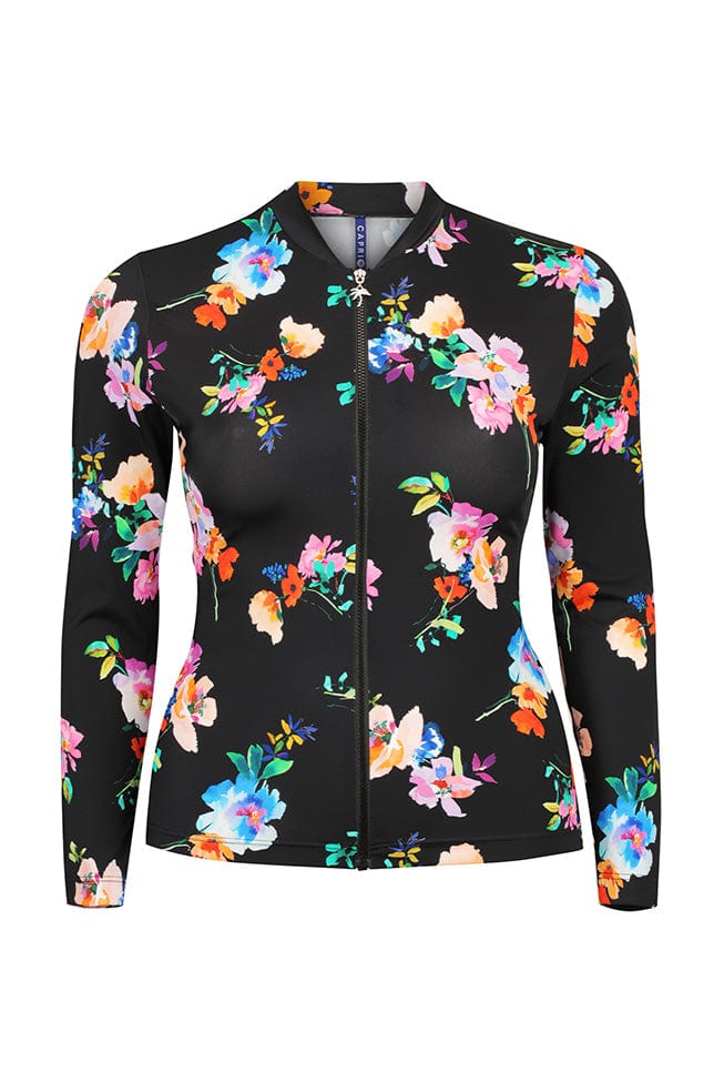 Ghost mannequin black and bright floral long sleeve rash vest