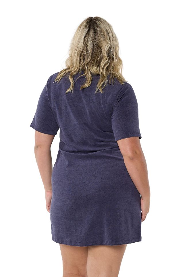 Model showing back of womens navy terry towelling dress