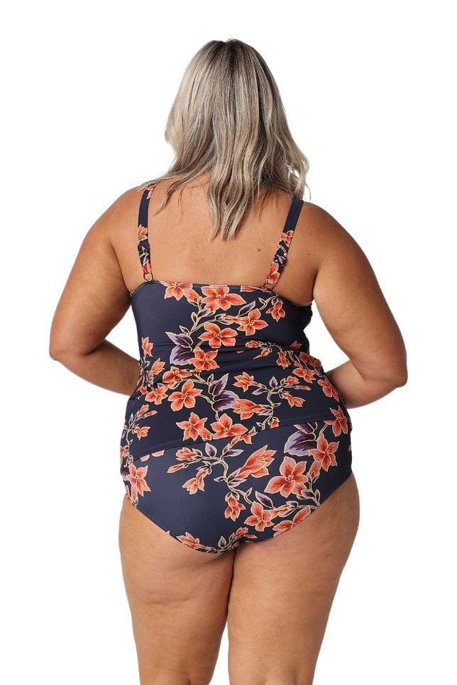 Model showing back of navy and orange floral swim tankini top