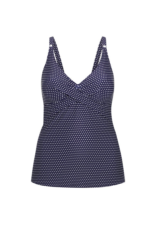 Ghost mannequin navy and white dots cross front tankini top