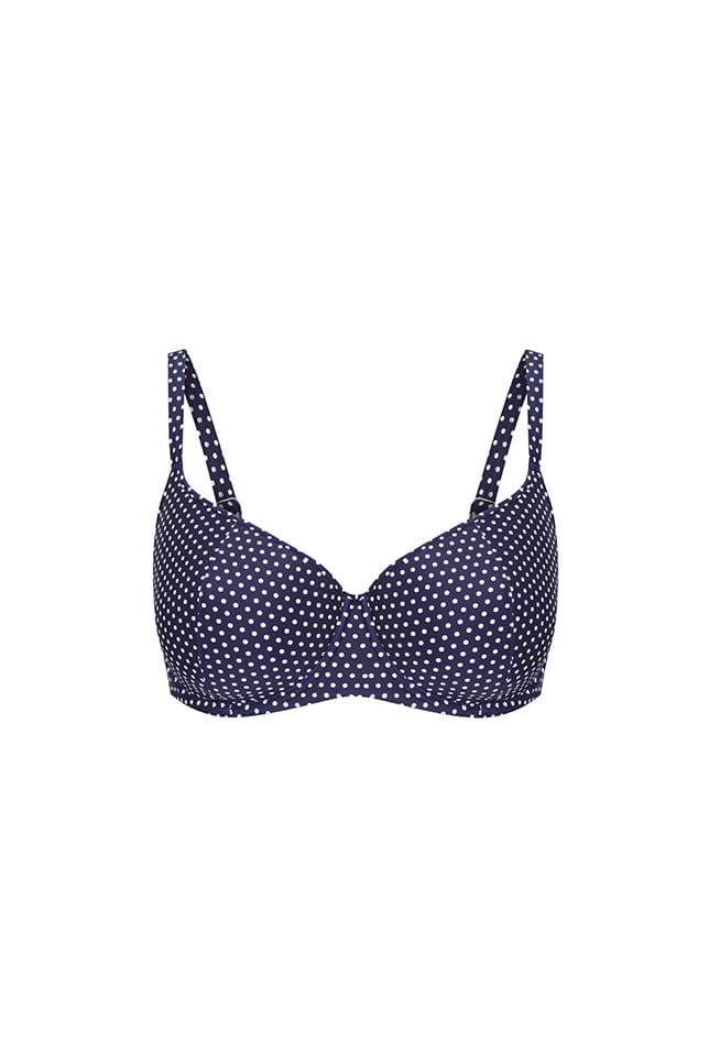 Ghost mannequin navy and white dots underwire bikini top