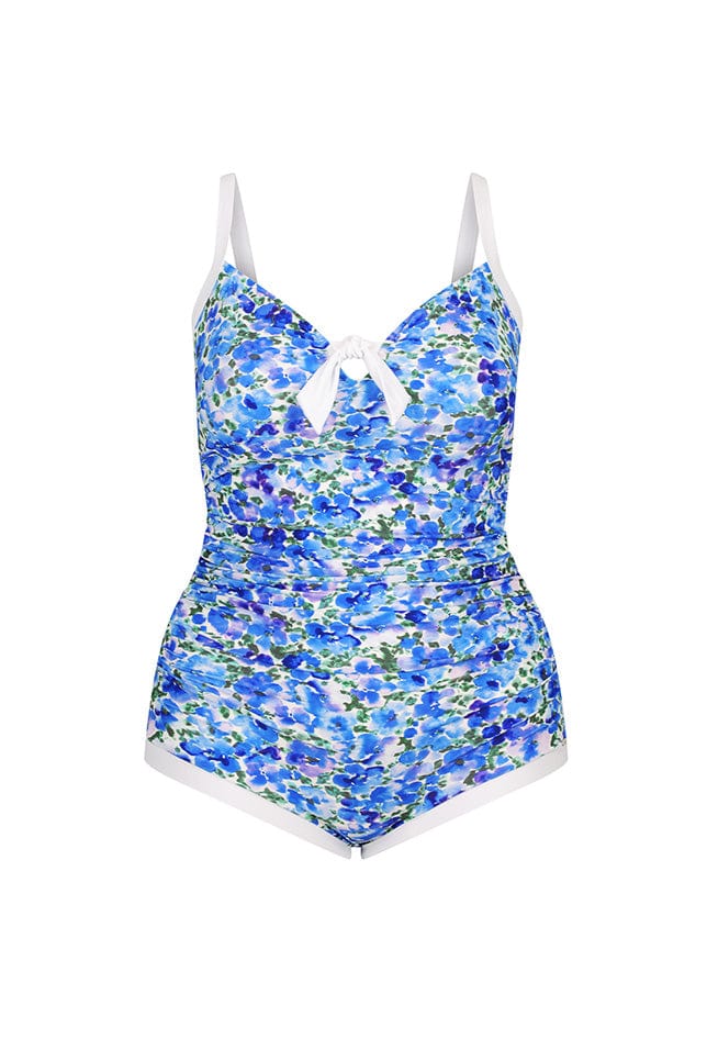 Ghost mannequin blue floral boyleg one piece with bow