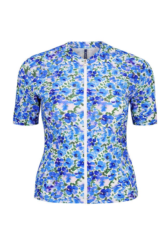 Ghost mannequin blue floral zip front rash vest