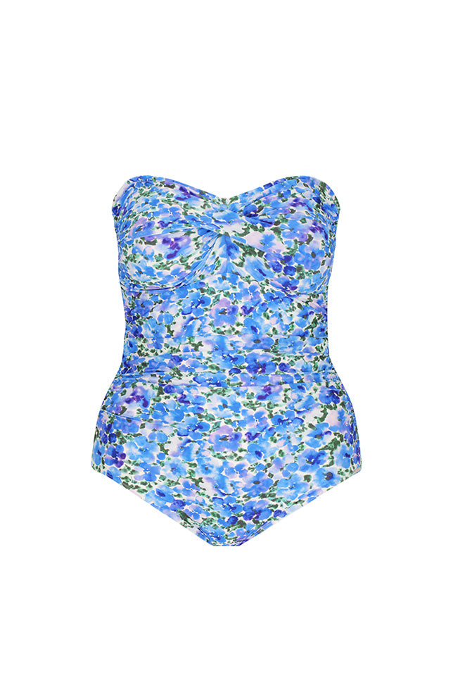 Ghost mannequin blue floral strapless one piece