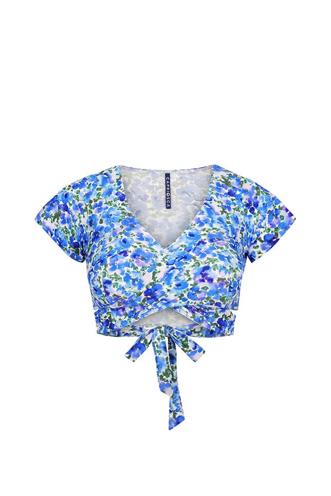 Ghost mannequin blue floral wrap crop top