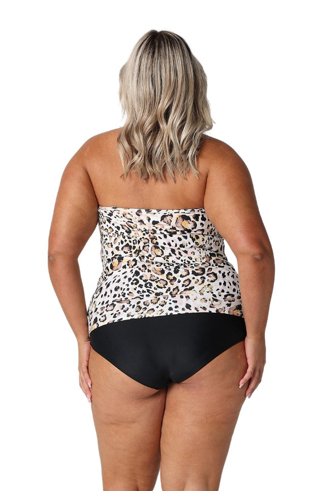 Model showing back of leopard print strapless tankini with matching black pant