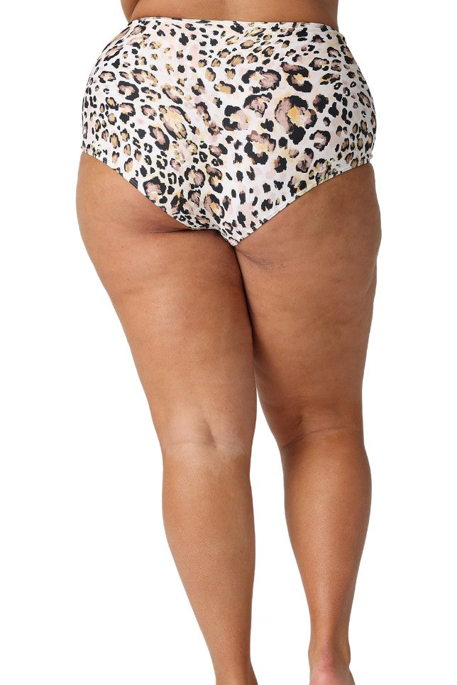 Model showing back of leopard high waisted bikini bottoms