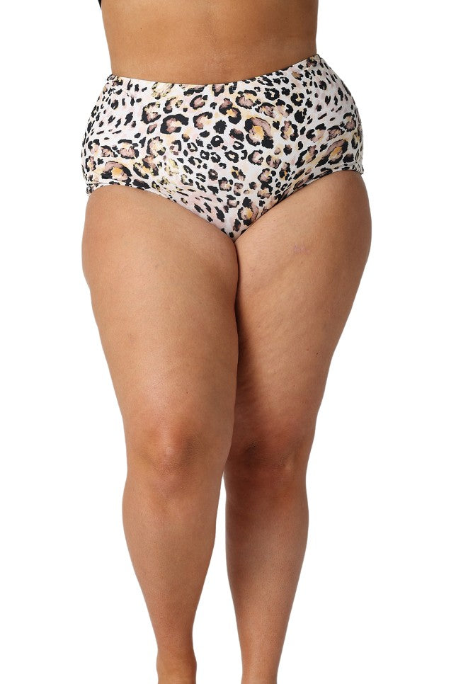 Model wearing leopard high waisted swim pant