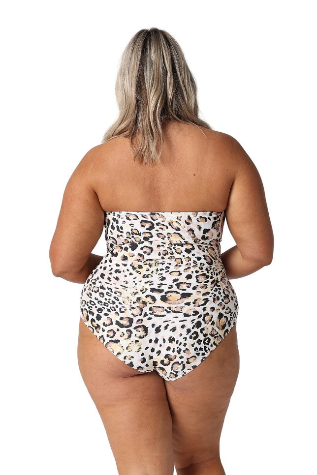 Model showing back of leopard strapless one piece