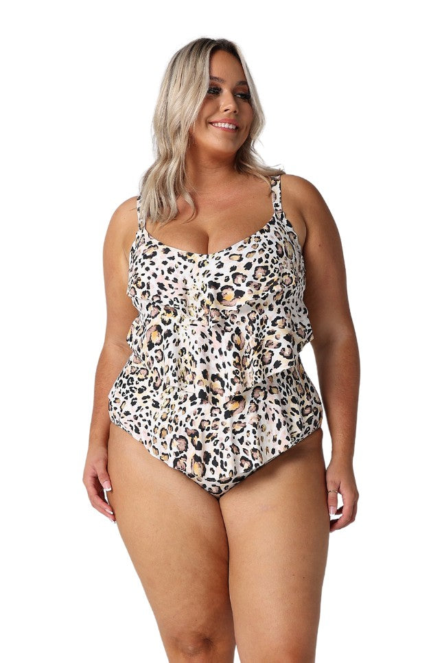 Model wearing leopard print three tier one piece