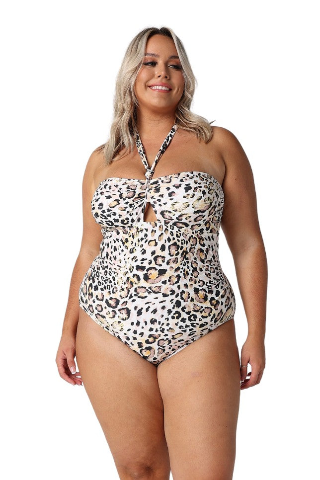 Model showing front of leopard bandeau one piece