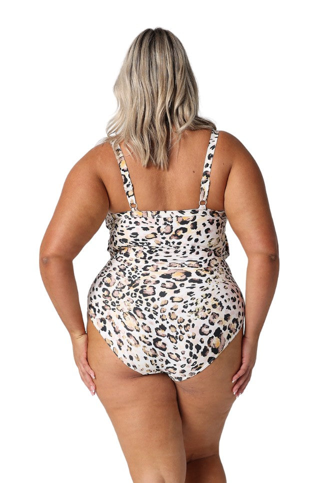 Model showing back of leopard print ruffle one piece