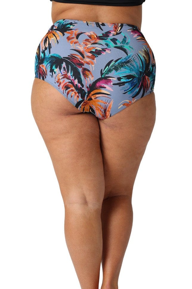 Model showing back of tropical print bikini bottom