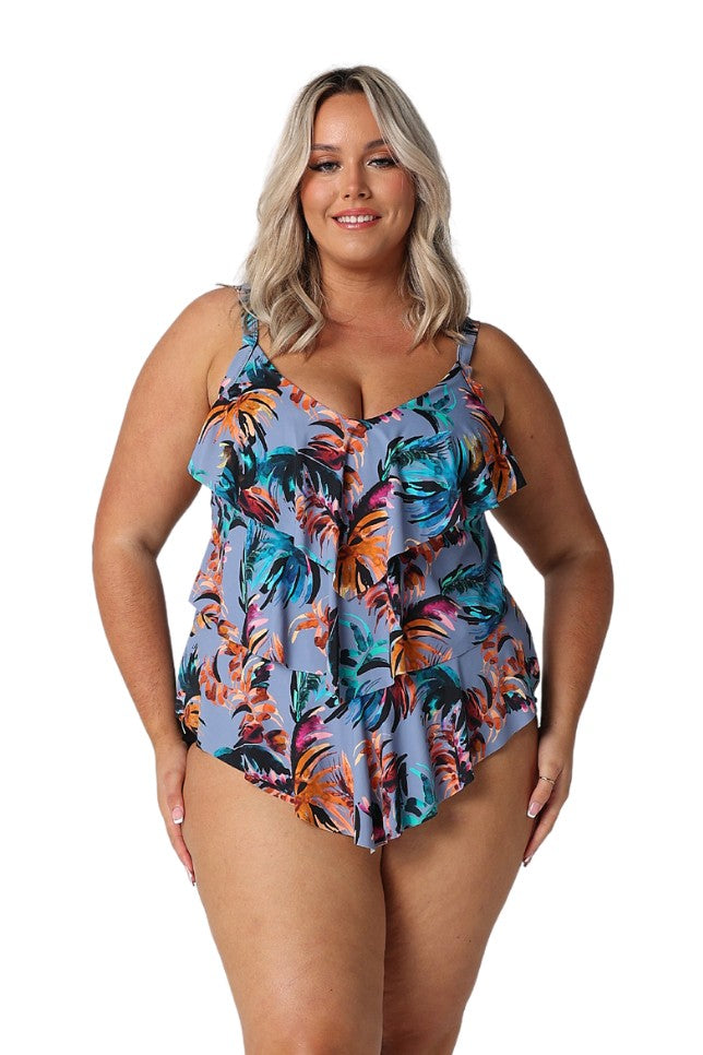 Model wearing 3 tier tropical print tankini