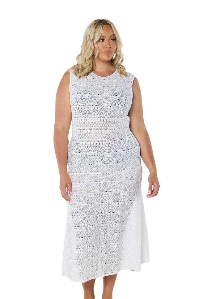 Model wearing white mesh maxi dress