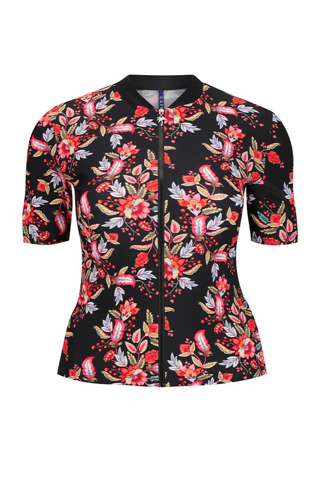 Ghost mannequin black and red floral short sleeve rash vest