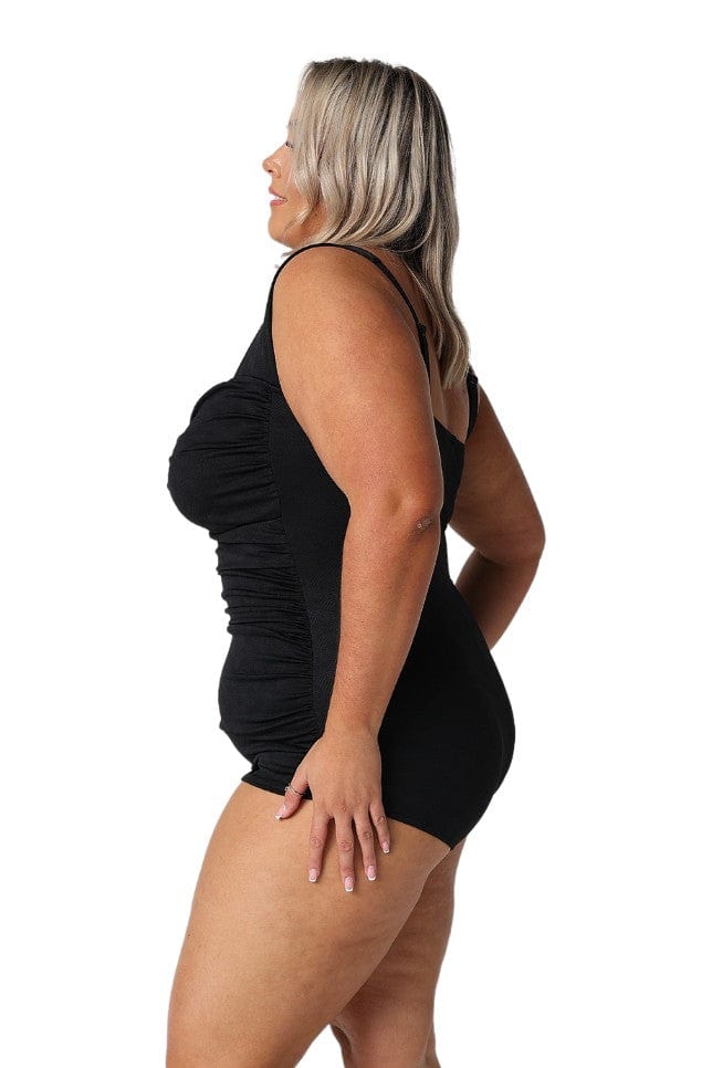 Model showing side of black retro one piece