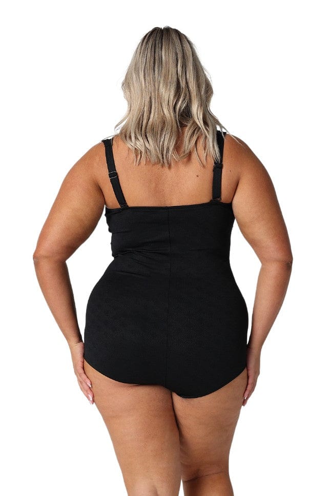 Model showing back of black retro one piece