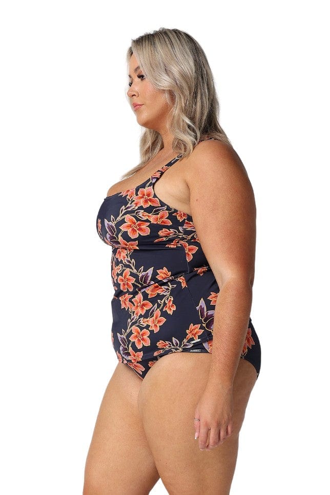 Model showing side of high waisted navy floral bikini bottoms