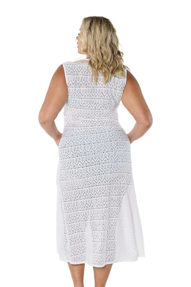 Model showing back of white mesh maxi dress