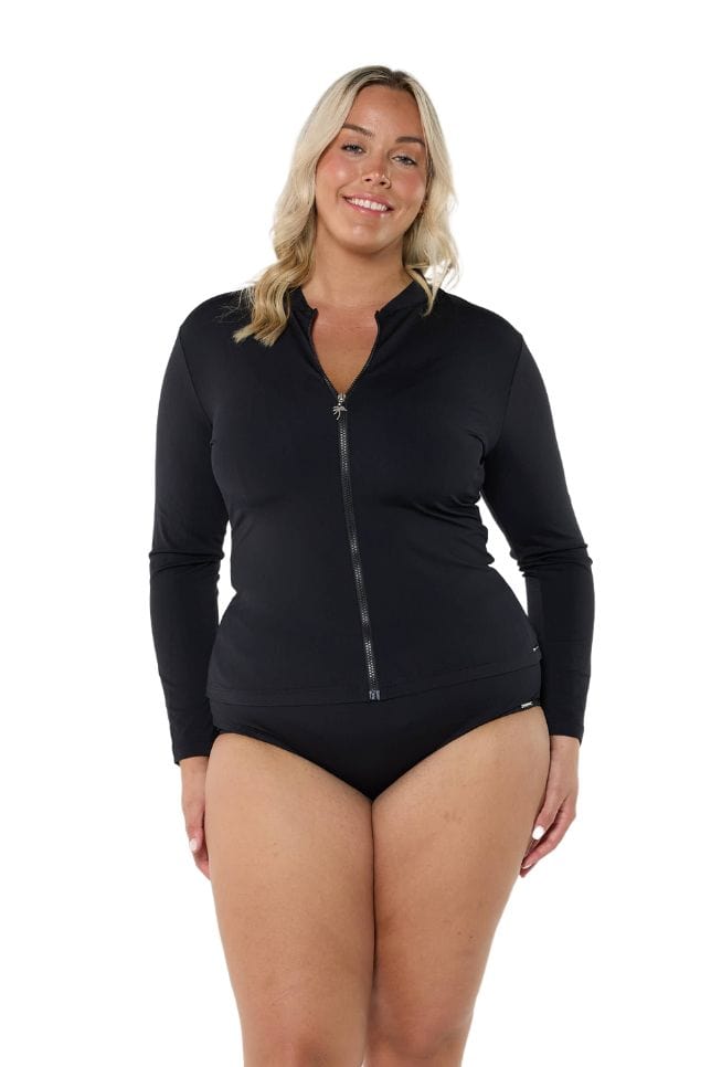 Blonde model wearing chlorine resistant black long sleeve rash vest