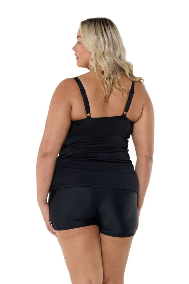 Blonde model wearing black textured underwire tankini