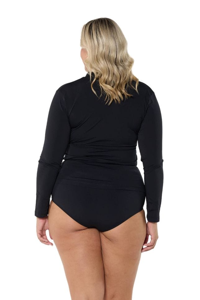 Blonde model showing back of chlorine resistant black long sleeve rash vest