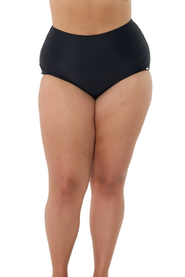 model wearing black high waisted swim pant