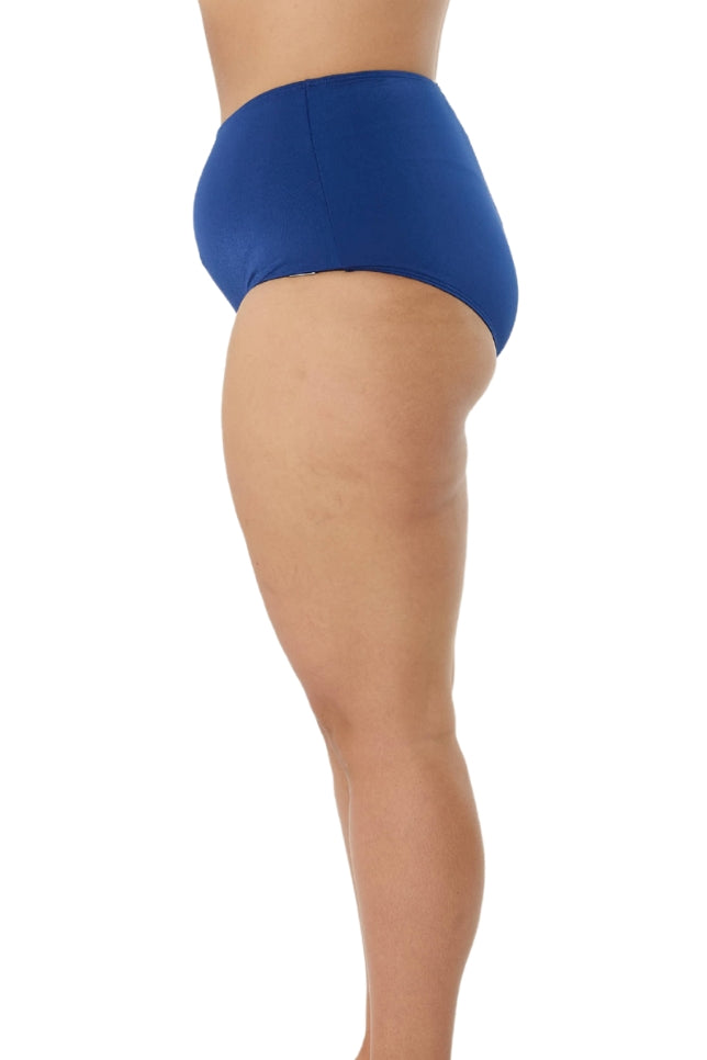 model showing side of navy high waisted swim pant