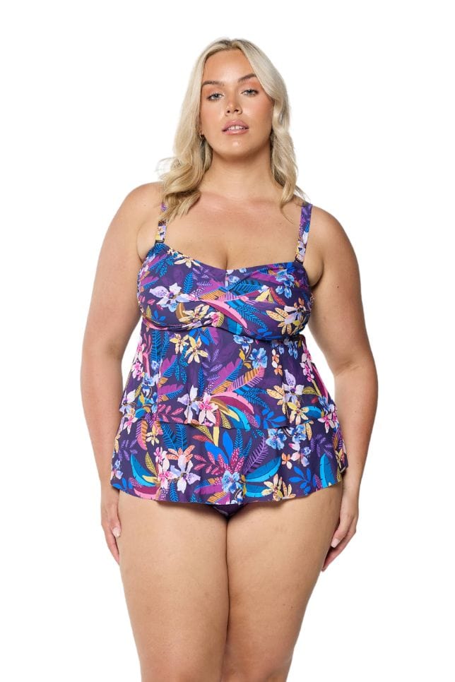 model wearing navy tropical print double tiered tankini