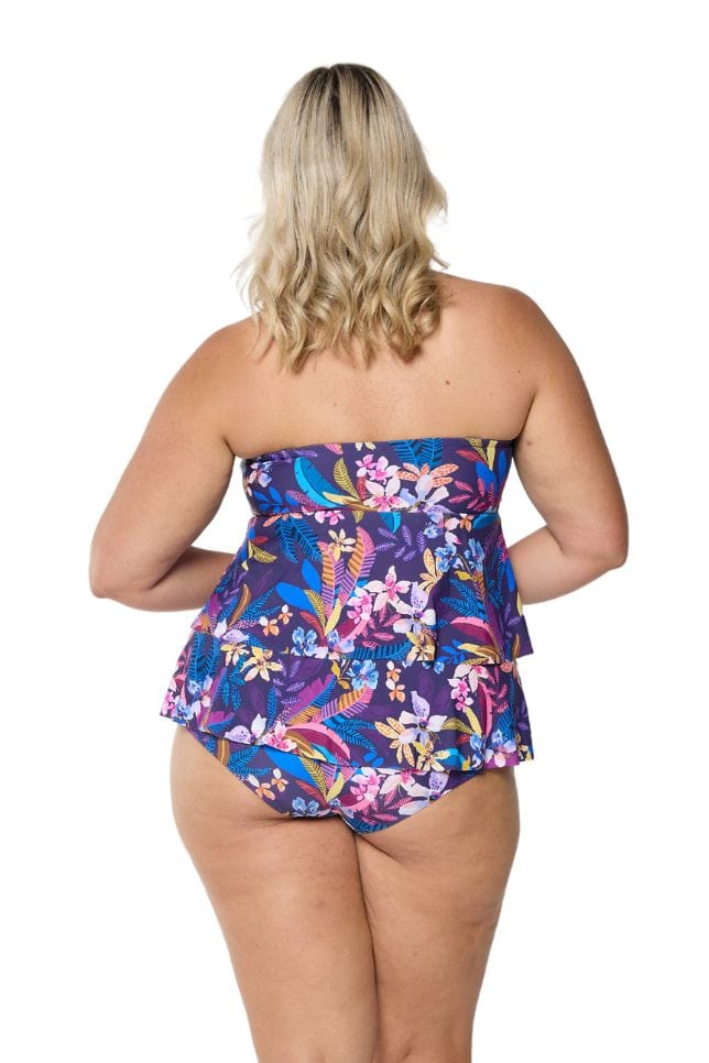 model showing back of navy floral double tier tankini