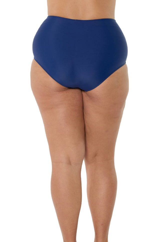 model showing back of full coverage navy swim bottom