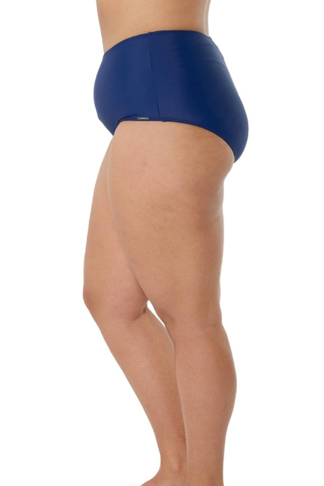 model showing side of navy high waisted swim bottom