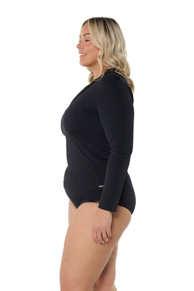 Blonde model wearing black chlorine resistant long sleeve rash vest