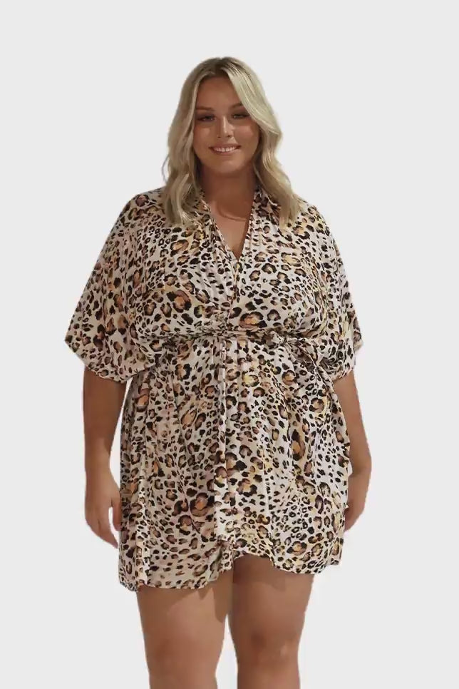 Model wearing tied leopard print kaftan