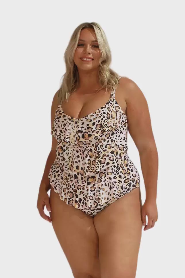 Model wearing leopard print three tier one piece swimsuit