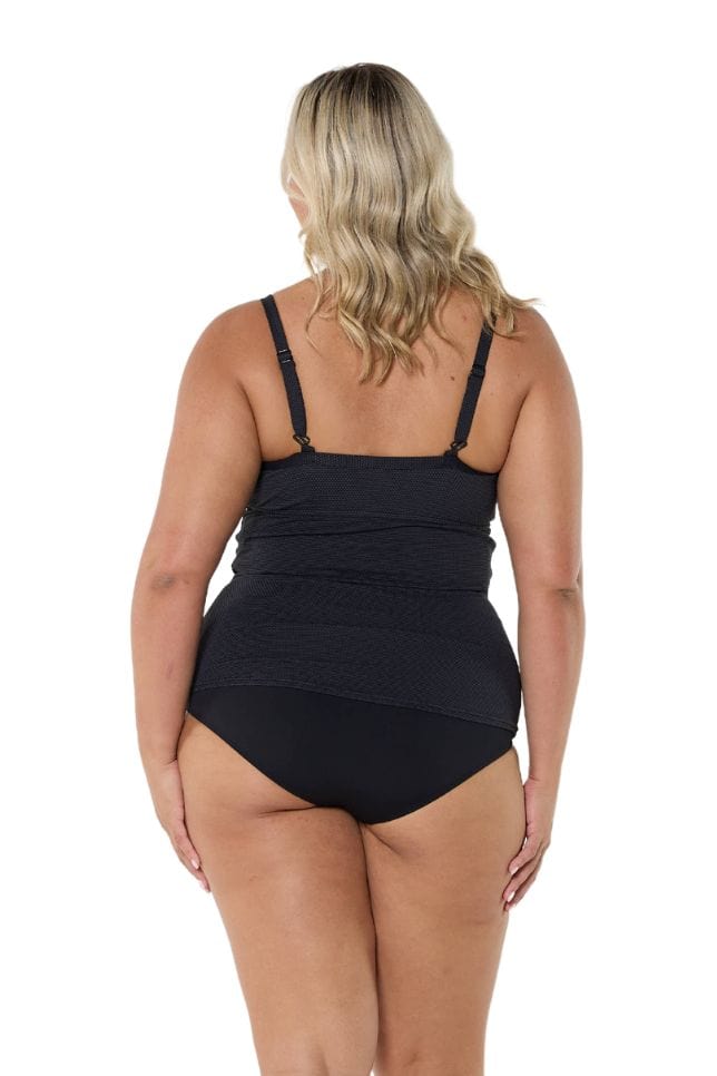 Blonde model wearing black ruched underwire tankini